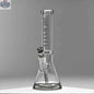 Castle Glassworks 14-inch beaker bong with colored logo, grey background, and 9-hole downstem replacement, showcasing its design.