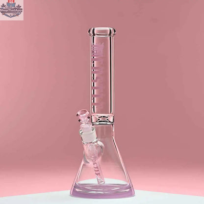 Castle Glassworks 14-inch beaker bong with pink logo, colored design, and 9-hole downstem replacement on pink background.