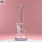 Castle Glassworks 14-inch beaker bong with pink logo, colored design, and 9-hole downstem replacement on pink background.