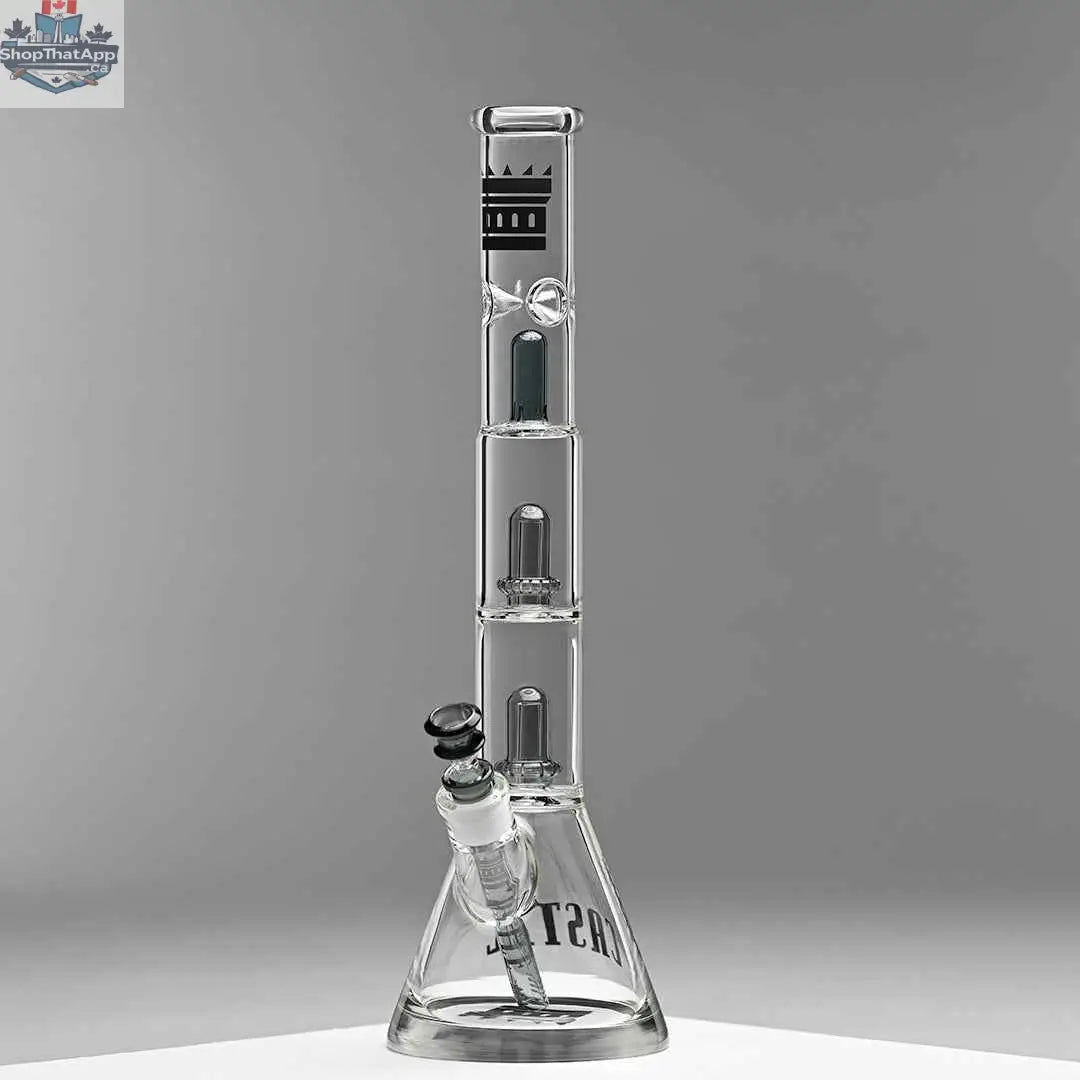 Castle Glassworks 18-inch double showerhead beaker bong with grey accents, featuring a smooth, innovative design for easy use.