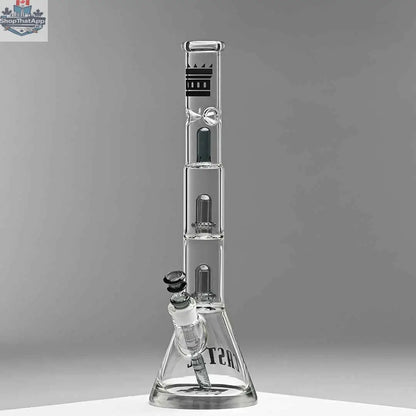 Castle Glassworks 18-inch double showerhead beaker bong with grey accents, featuring a smooth, innovative design for easy use.