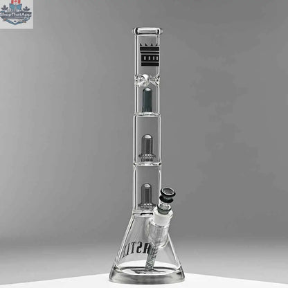 Castle Glassworks double showerhead beaker bong, 18-inch grey glass with innovative design for smooth hits, shown from the right.