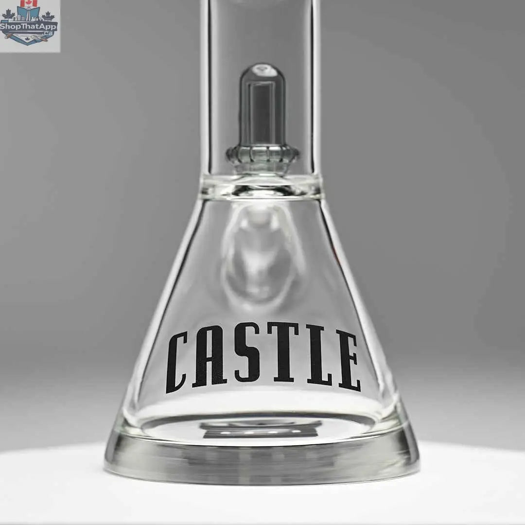 Close-up of Castle Glassworks 18-inch Grey Showerhead Beaker Bong with a sturdy base and innovative design for smooth hits.