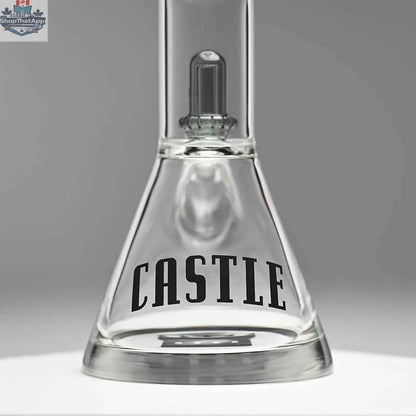 Close-up of Castle Glassworks 18-inch Grey Showerhead Beaker Bong with a sturdy base and innovative design for smooth hits.