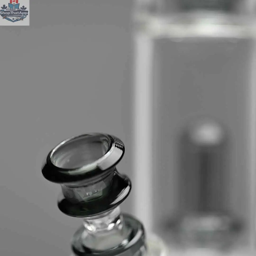 Castle Glassworks double showerhead beaker bong, 18-inch tall, with grey finish and close-up view showing bowl and smooth design.