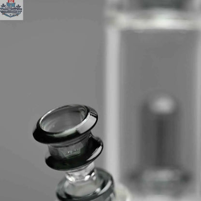 Castle Glassworks double showerhead beaker bong, 18-inch tall, with grey finish and close-up view showing bowl and smooth design.