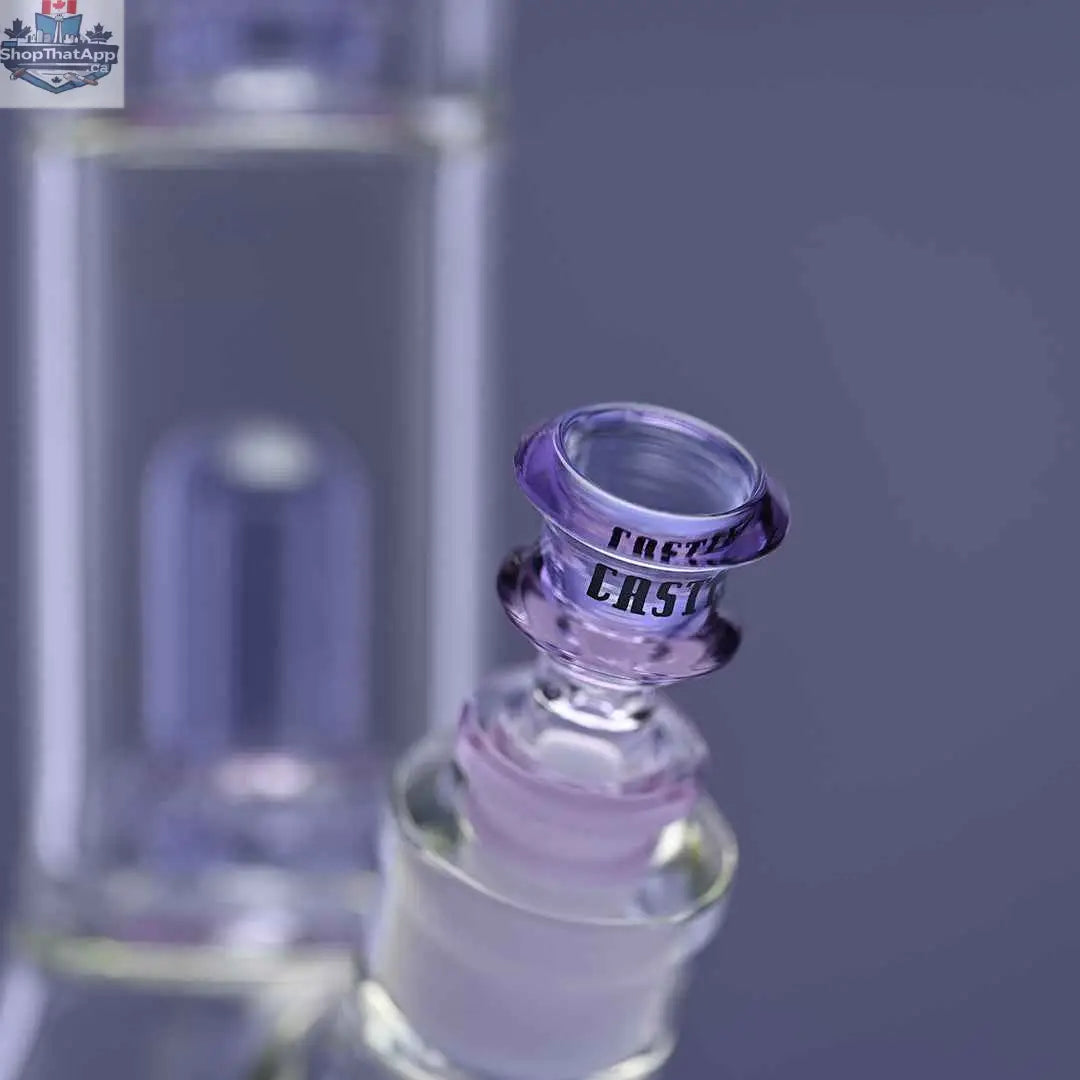 Castle Glassworks 18-inch double showerhead beaker bong with purple accents and close-up of the bowl, showcasing smooth hit design.