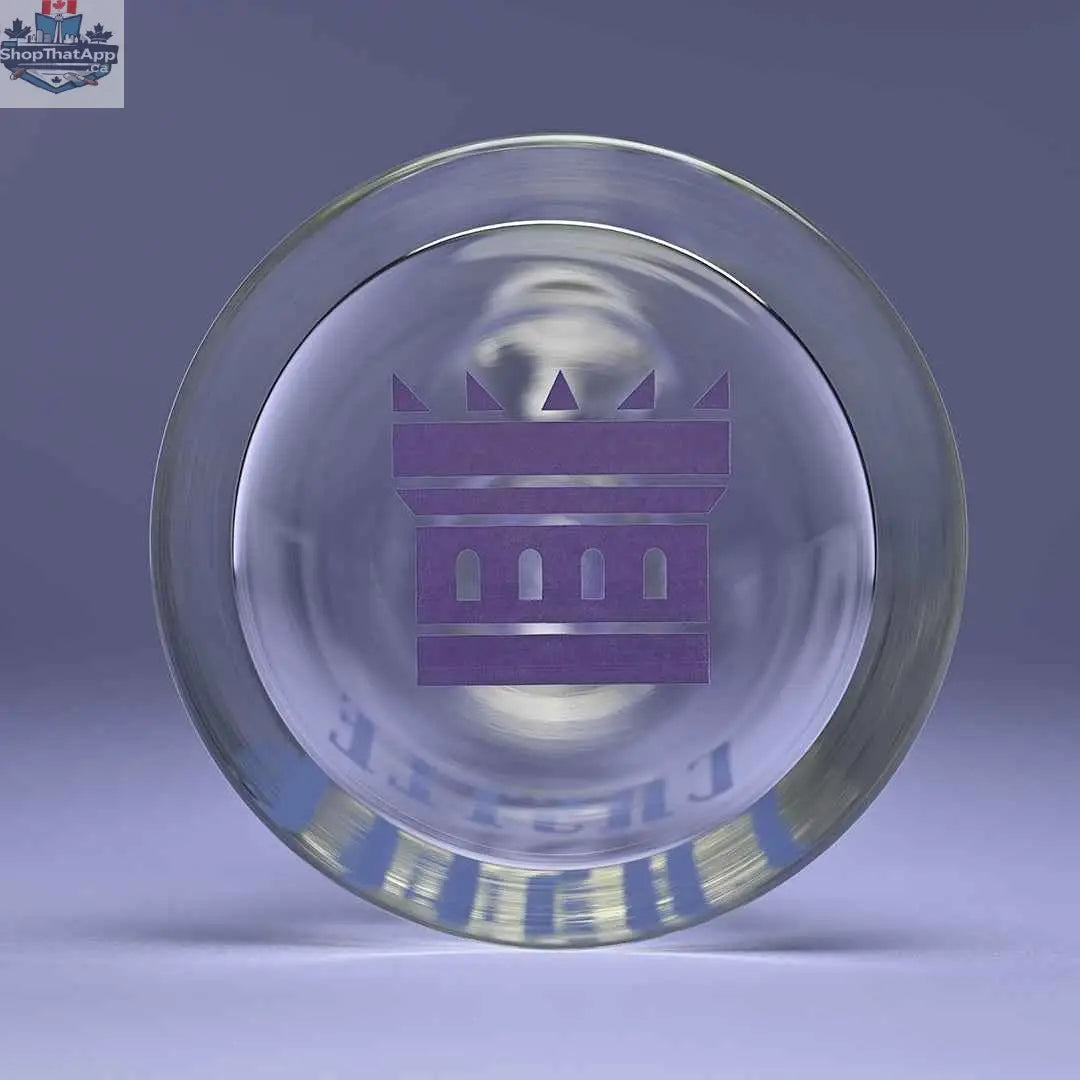 Close-up of Castle Glassworks 18-inch purple double showerhead beaker bong showing its base and intricate glass design.
