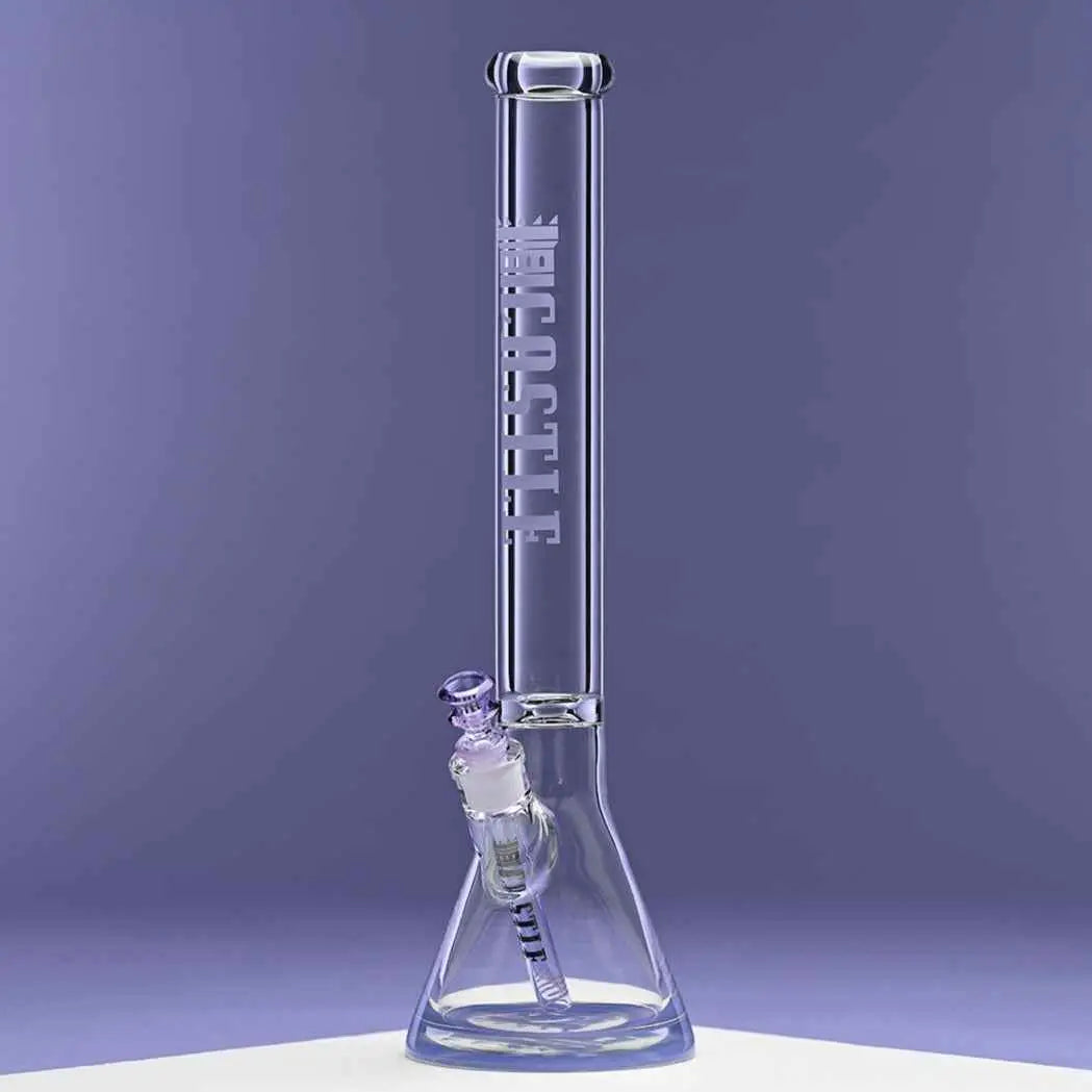 18-inch Castle Glassworks beaker bong with purple logo, 9mm thick glass, shown against a purple background.