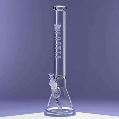 18-inch Castle Glassworks beaker bong with purple logo, 9mm thick glass, shown against a purple background.