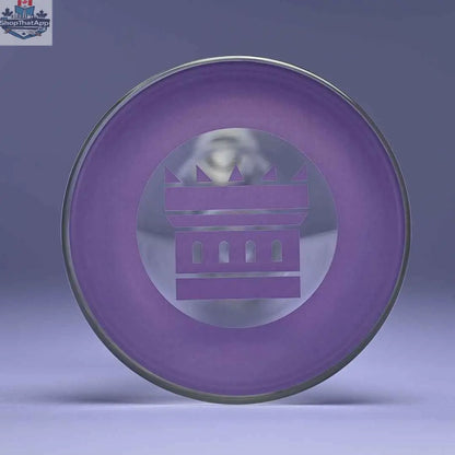Close-up of a purple 18-inch Castle Glassworks beaker bong with a thick 9mm glass base and a purple background.