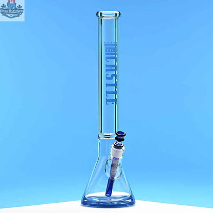 18-inch Castle Glassworks beaker bong with blue logo, featuring 9mm thick glass and vibrant blue background in the photo.