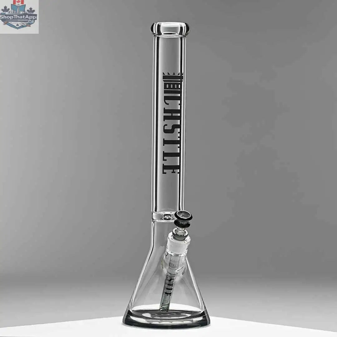 18-inch Castle Glassworks beaker bong with a grey background, featuring a 9mm thick glass body and colored logo detail.
