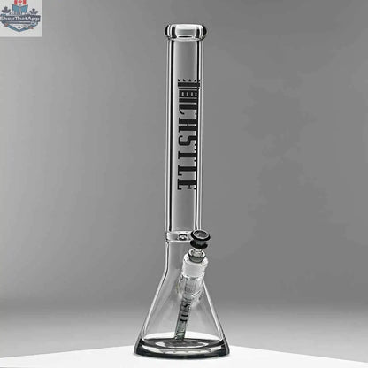 18-inch Castle Glassworks beaker bong with a grey background, featuring a 9mm thick glass body and colored logo detail.