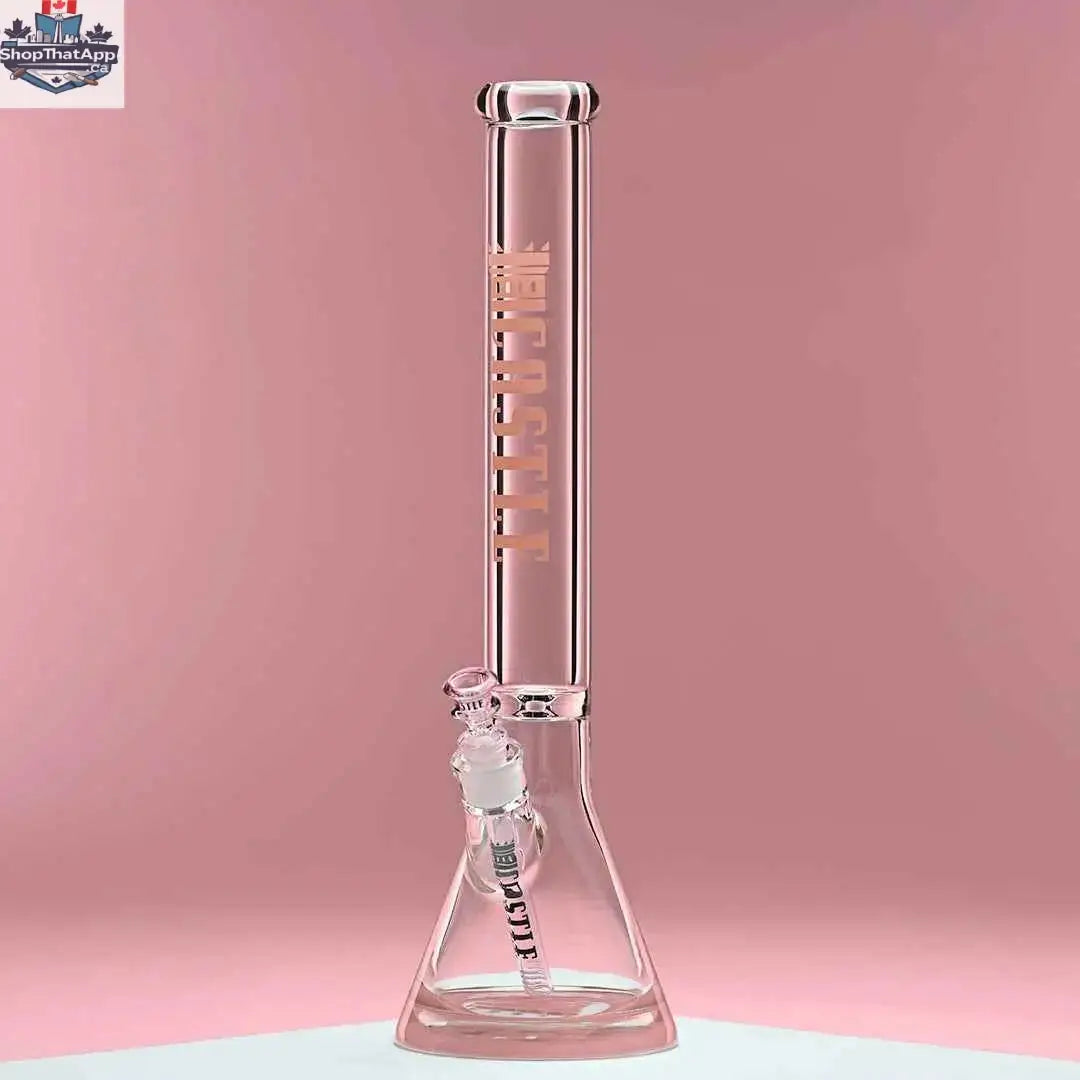 Pink 18-inch glass beaker bong by Castle Glassworks with a colored logo, featuring a 9mm thick glass design on a pink background.