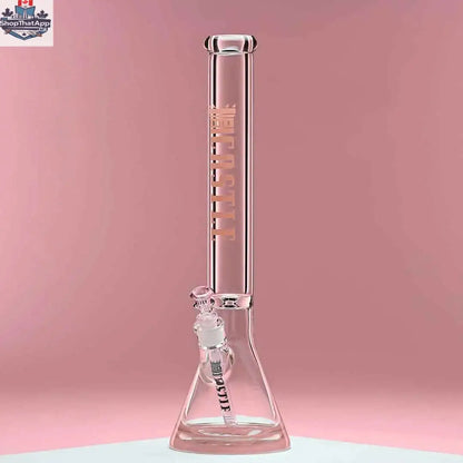 Pink 18-inch glass beaker bong by Castle Glassworks with a colored logo, featuring a 9mm thick glass design on a pink background.