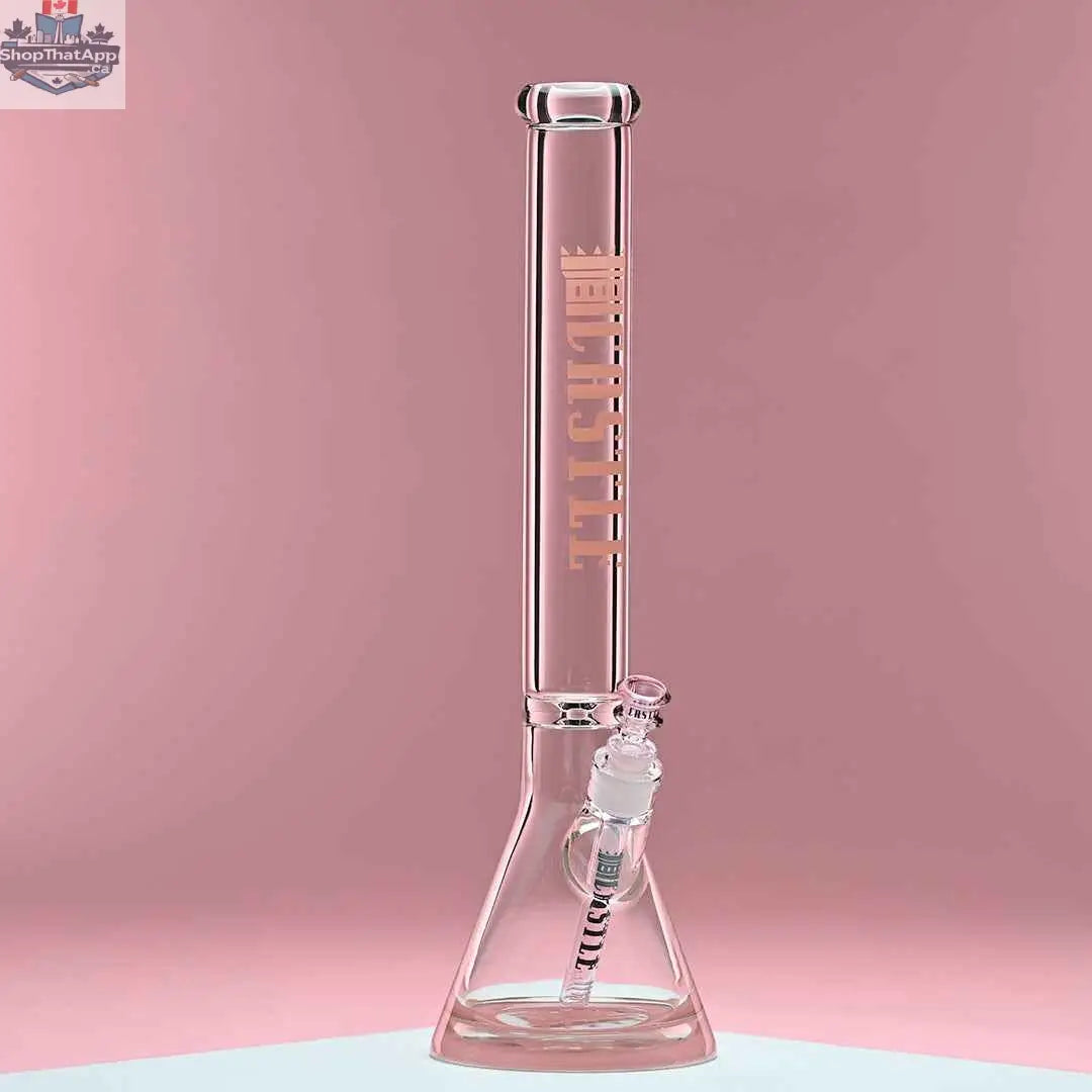Pink logo 18-inch glass beaker bong by Castle Glassworks with a clear body, thick 9mm glass, and colorful logo on a pink background.