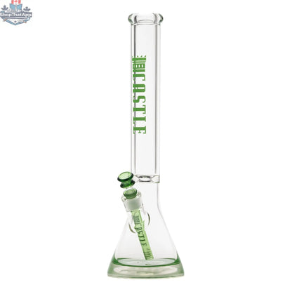 Castle Glassworks 18-inch glass beaker bong with colored logo, featuring a 9mm thick glass construction and durable design.
