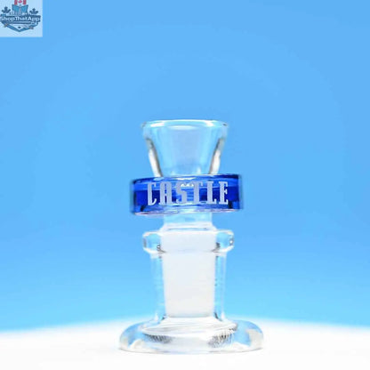 Blue 14mm borosilicate glass bowl piece by Castle Glassworks, designed for puck bowls, with a vibrant blue background.