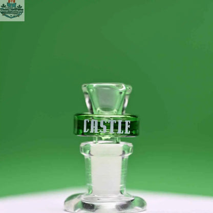 Green 14mm Castle Glassworks borosilicate glass bowl for puck-style bowls, with a clear, smooth design and green background.