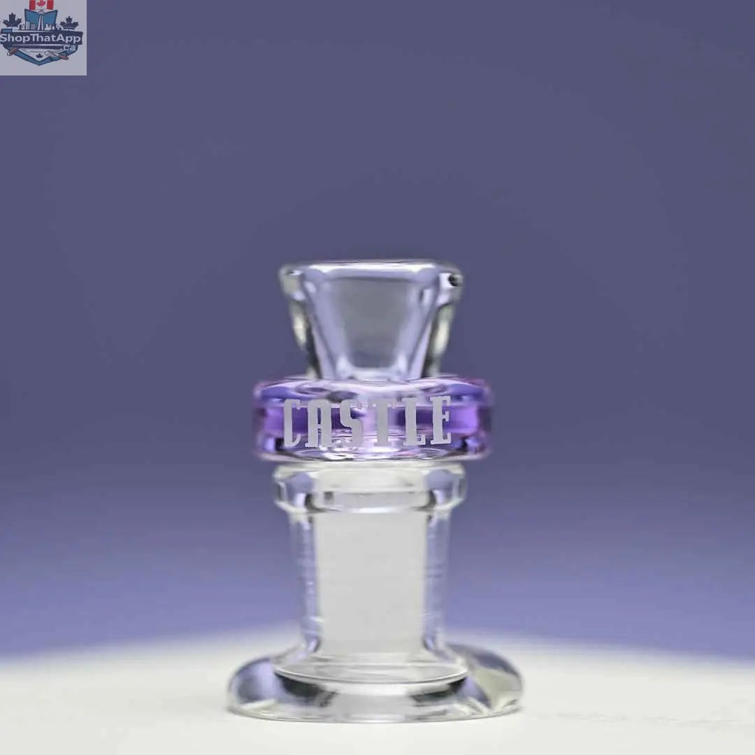 Purple 14mm borosilicate glass bowl piece for puck bowls by Castle Glassworks on purple background.