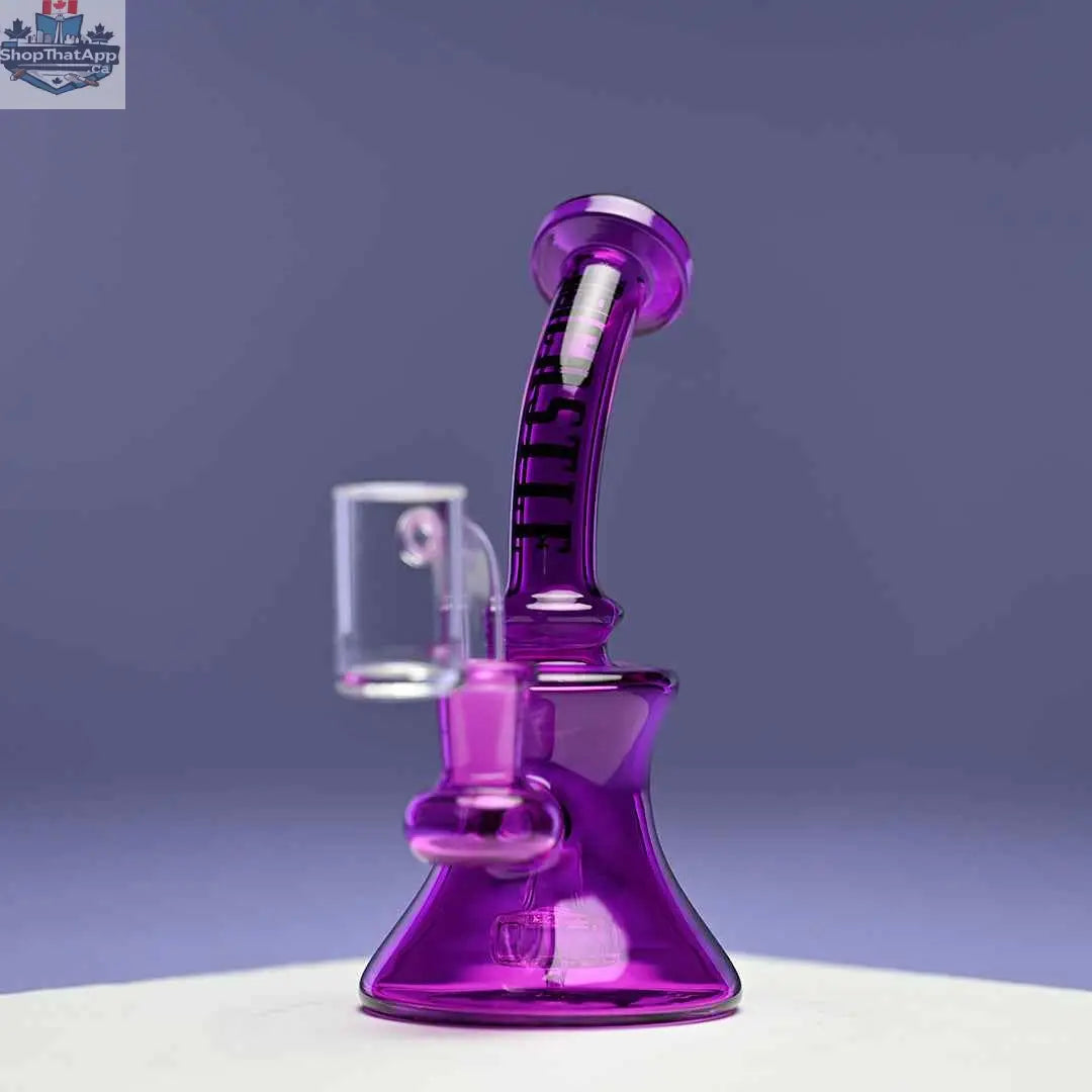 Purple Castle Glassworks 7-inch mini electroplated dab rig with a sleek design, shown on a purple background.