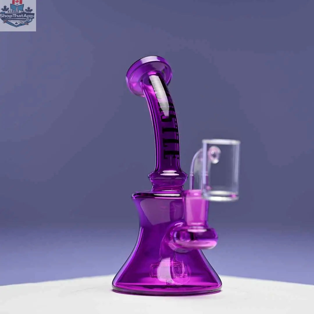 Castle Glassworks purple mini dab rig, 7-inch electroplated high-performance glass dab rig on purple background.