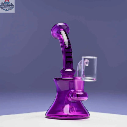 Castle Glassworks purple mini dab rig, 7-inch electroplated high-performance glass dab rig on purple background.