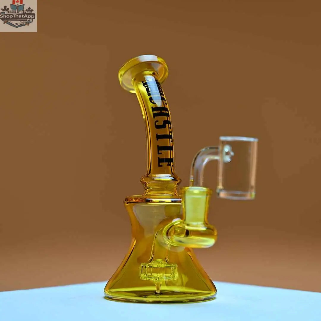 Castle Glassworks Mini Electroplated 7-inch high-performance dab rig with yellow finish and amber background, right-side view