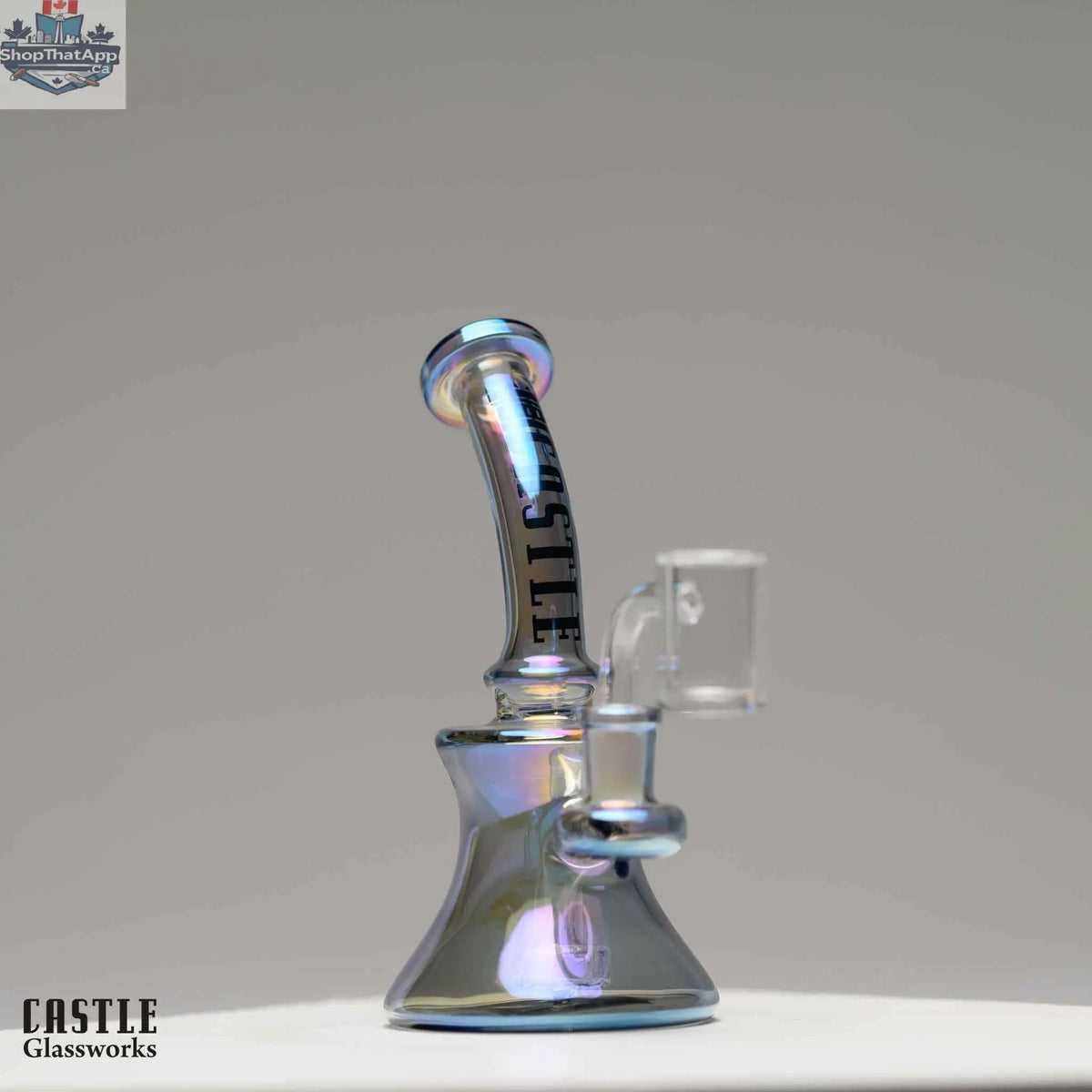 Castle Glassworks mini electroplated 7-inch high-performance dab rig with a sleek, compact design and colorful glass accents.