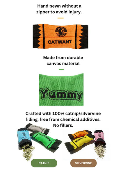 Six CATWANT 100% Catnip Candy Wrappers canvas toys with silvervine filling, designed for cats to play and chew.