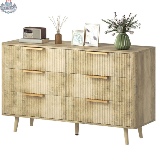 Oak Dakota Dresser by SLOTH Nation with six fluted drawers, modern bedroom furniture piece with sleek design and metal handles.