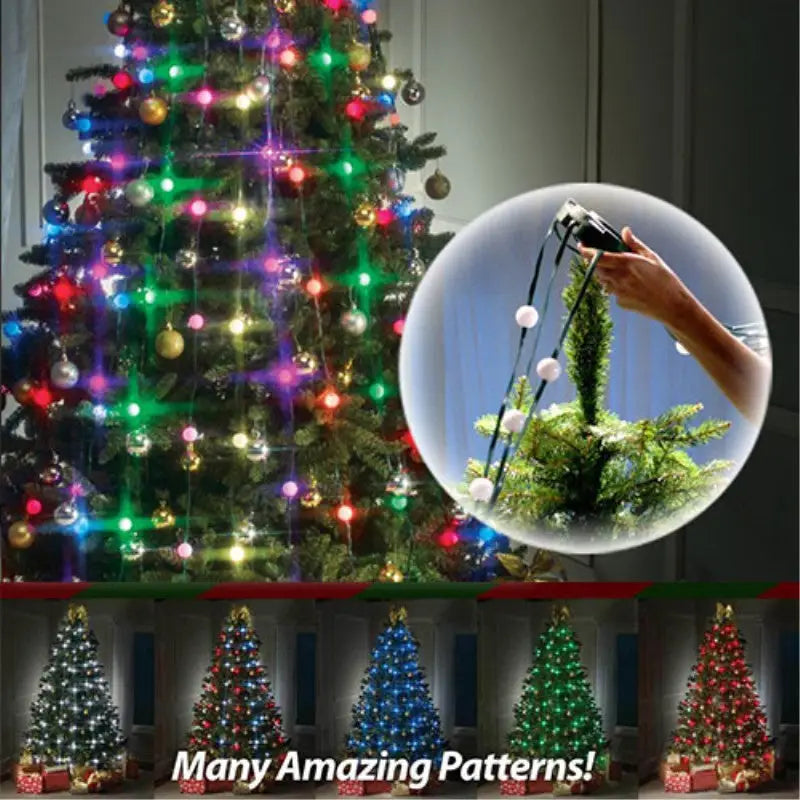 Colorful 64 and 48 light Dazzler Christmas tree light show with cascading effects on a decorated Christmas tree.