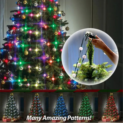 Colorful 64 and 48 light Dazzler Christmas tree light show with cascading effects on a decorated Christmas tree.