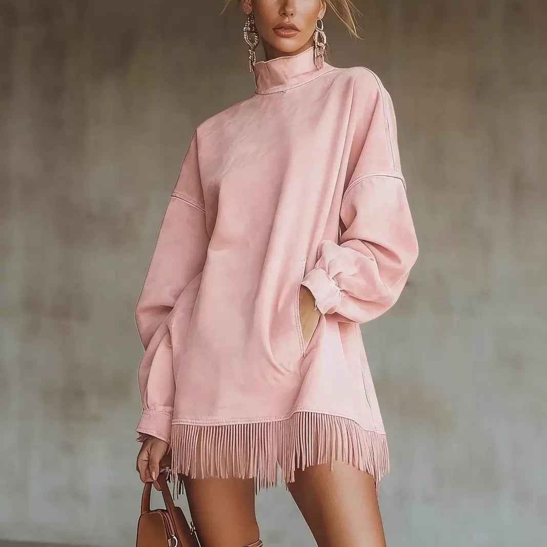Women's Loose Tassel Suede Dress - Long Sleeve Pocket Dress