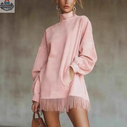 Women's Loose Tassel Suede Dress - Long Sleeve Pocket Dress - Shopthatapp.ca
