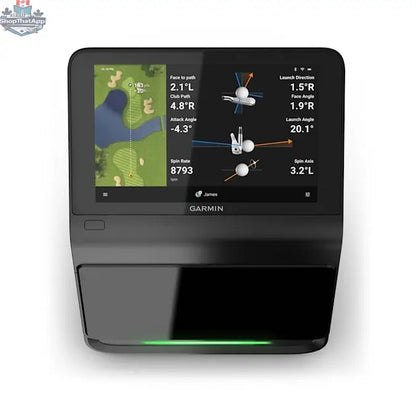 Launch monitor for golf, The Golfather Ltd. Approach R50 rangefinder displaying distance measurements on a clear screen.