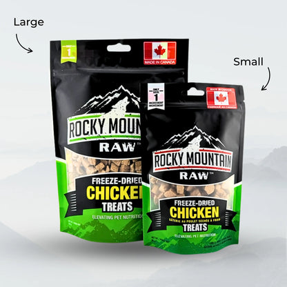 Group of Rocky Mountain Raw freeze-dried chicken treats for pets, showing small, crunchy pieces of chicken snack.