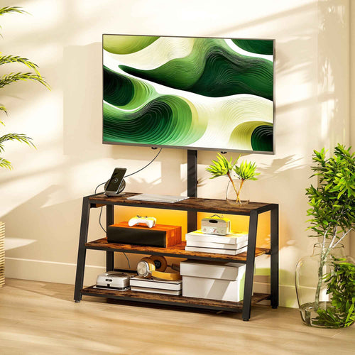 Bay TV Stand with Swivel Mount, Power Outlet and LED Lights for 32-70" TVs-Rustic Brown