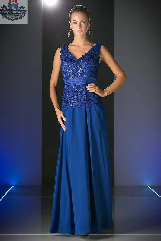 Elegant Threads chiffon lace evening dress with sequin details and ornate lace peplum for formal special occasions.