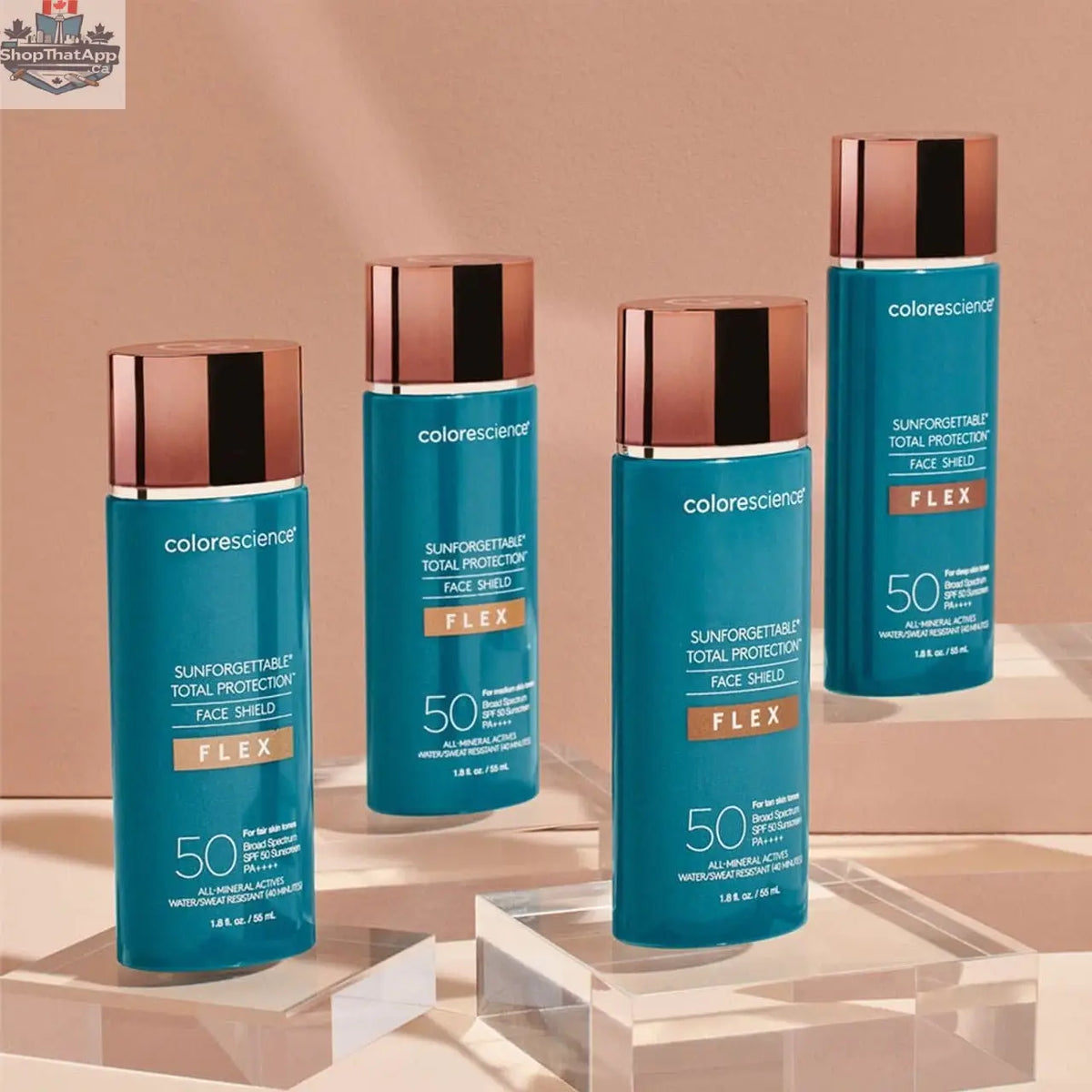 Colorescience Face Shield Sunscreen and Alastin Restorative Skin Complex skincare products for youthful skin and sun protection.