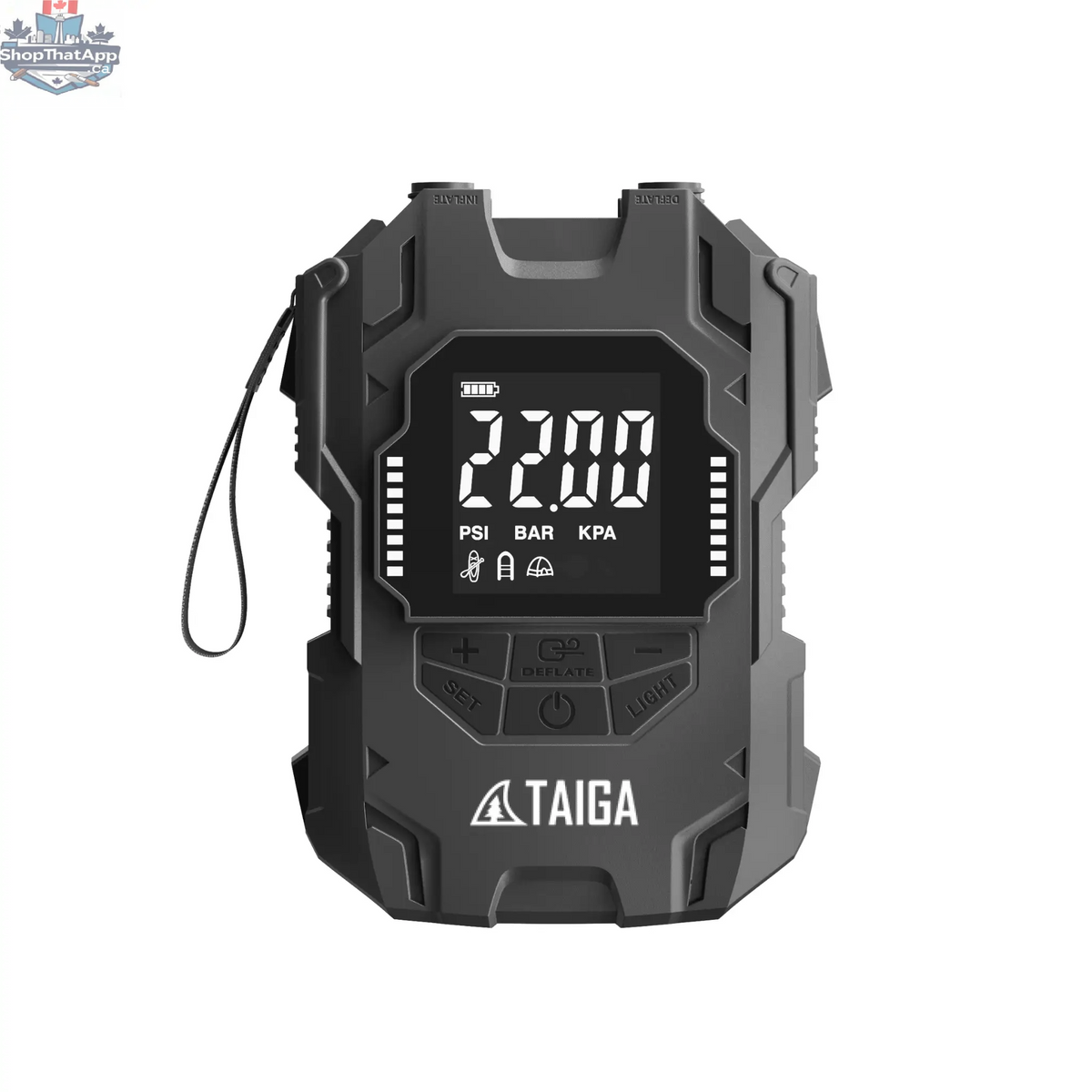 Taiga Board premium electric pump for paddle boards, battery-operated inflator showing digital display and hose attached.