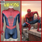 MRJCOS Spider-Man cosplay full bodysuit, superhero Halloween costume in red and blue with web patterns, front view.