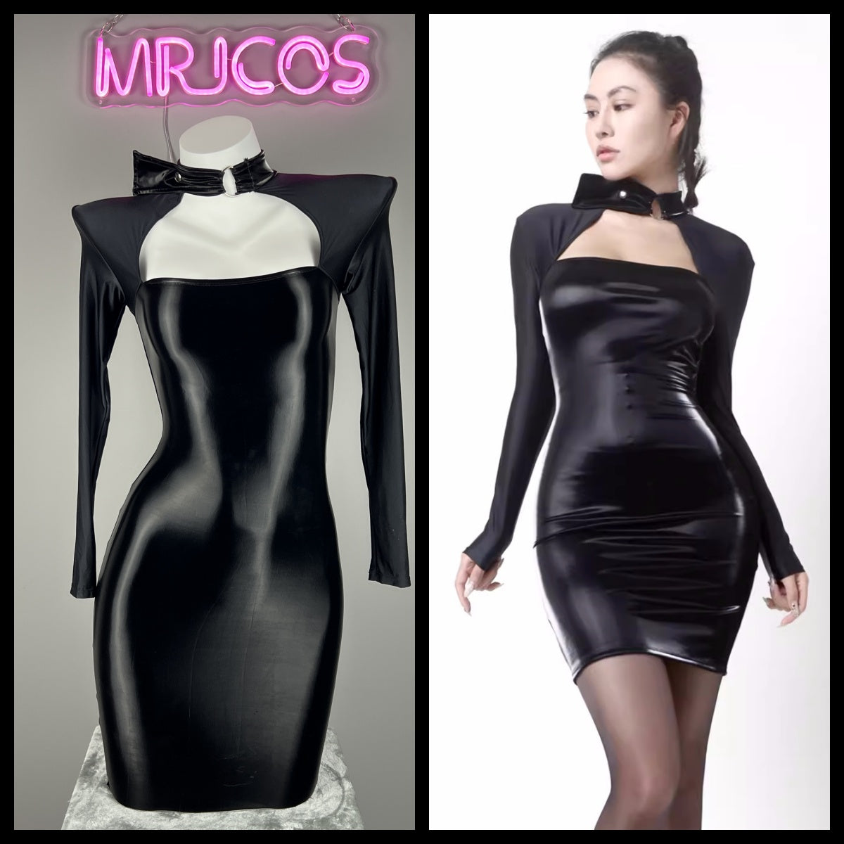 Gothic Long Sleeves Spasndex PU Leather Tight Party Dress Lingerie - Shopthatapp.ca