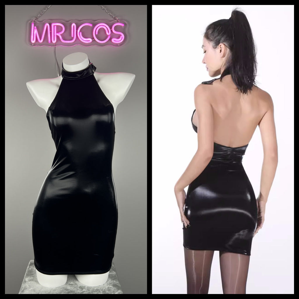 Gothic Sleeveless PU Leather Halter Party Dress Lingerie - Shopthatapp.ca