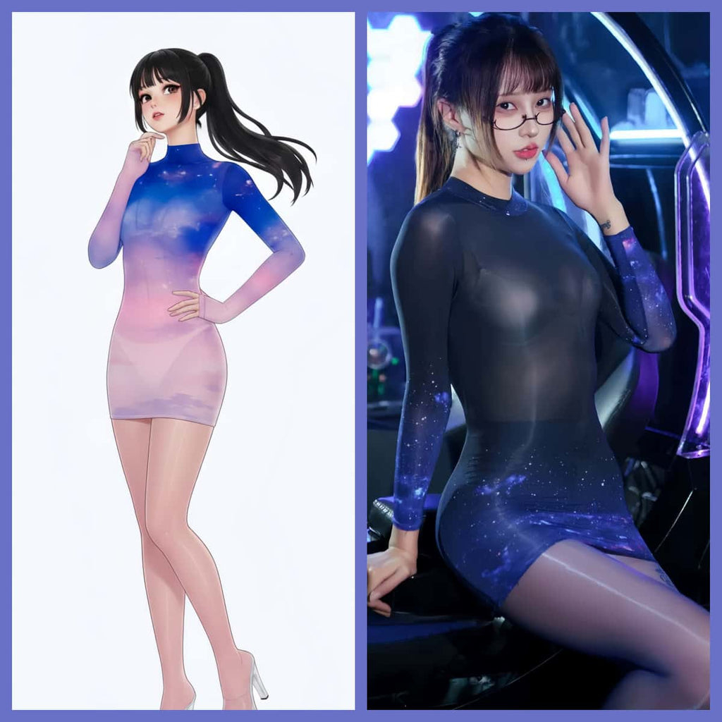 Sheer Spandex 10D Nylon Short Dress See Through Galaxy Lingerie Dress - Shopthatapp.ca