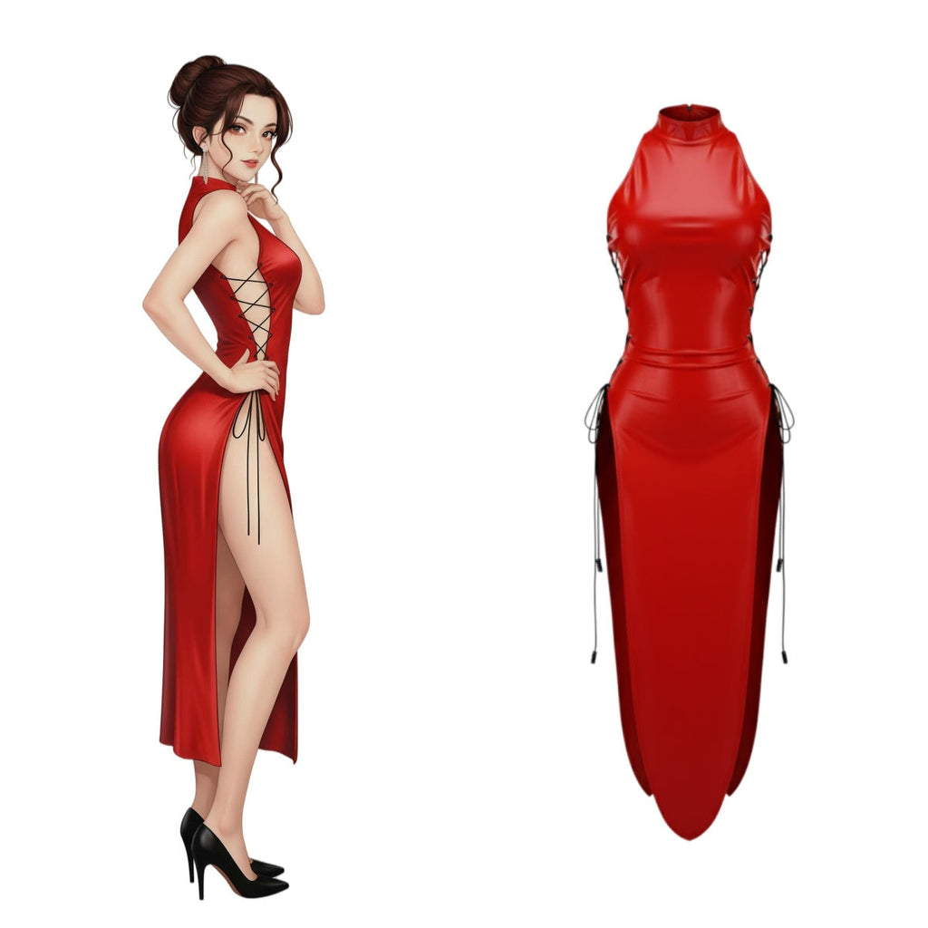 Vintage PU Leather Satin Cheongsam Lingerie Sexy Party Dress Costume - Shopthatapp.ca