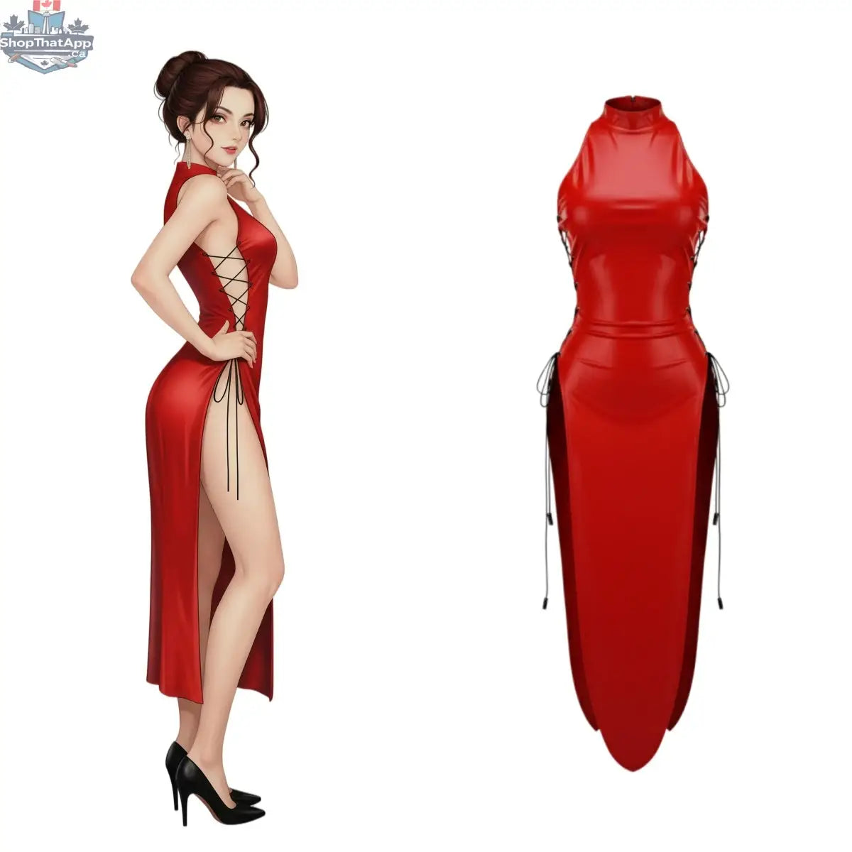 MRJCOS vintage cheongsam lingerie satin and PU leather dress, sexy party costume with intricate design and fitted silhouette.