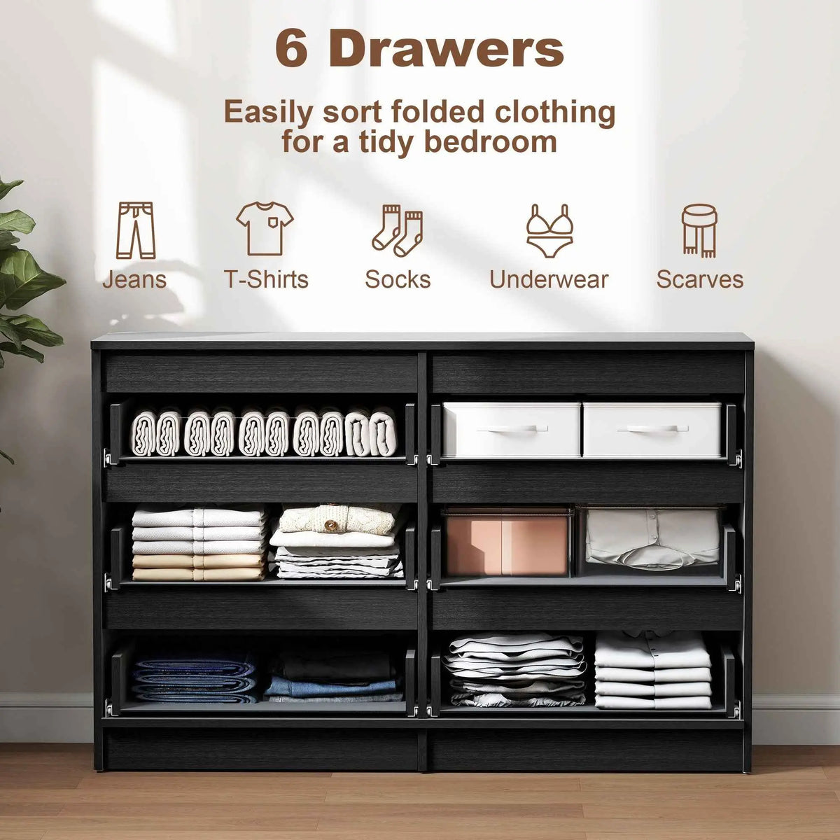 River Black 6 Drawer Dresser by SLOTH Nation, modern bedroom furniture with ample storage, suitable for bedroom, living room, or hallway.