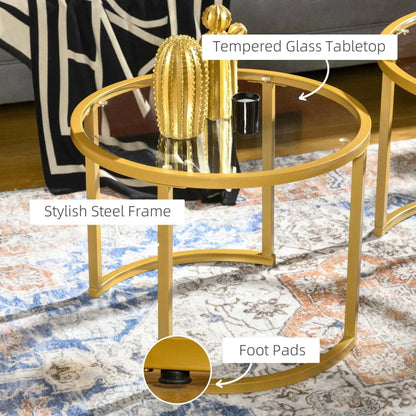 Set of two Micah modern nesting coffee tables by SLOTH Nation with gold finish and tempered glass tops, showcasing sleek contemporary design.